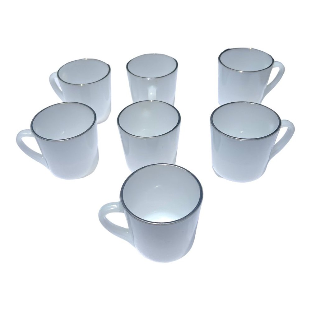 Vintage Anchor Hocking Milk Glass Mugs Set of 7 EUC White With Silver Rim